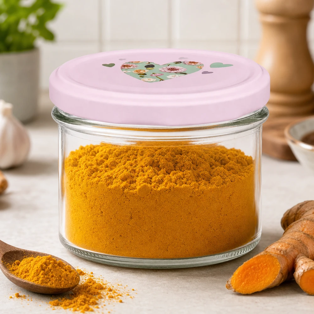 Bicchieri da 225 ml + coperchio BasicSeal cuore rosa UNiTWIST Curcuma in polvere in un barattolo da 225 ml con coperchio a forma di cuore rosa, in cucina accanto alle radici di curcuma fresche.