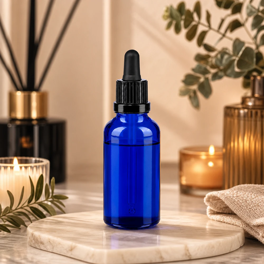 Bottiglia per pipette da 30 ml nera OV BlueLine UT18/30 Piccolo flacone in vetro da 30 ml con pipetta piena, ideale per la produzione di cosmetici e sieri fai da te