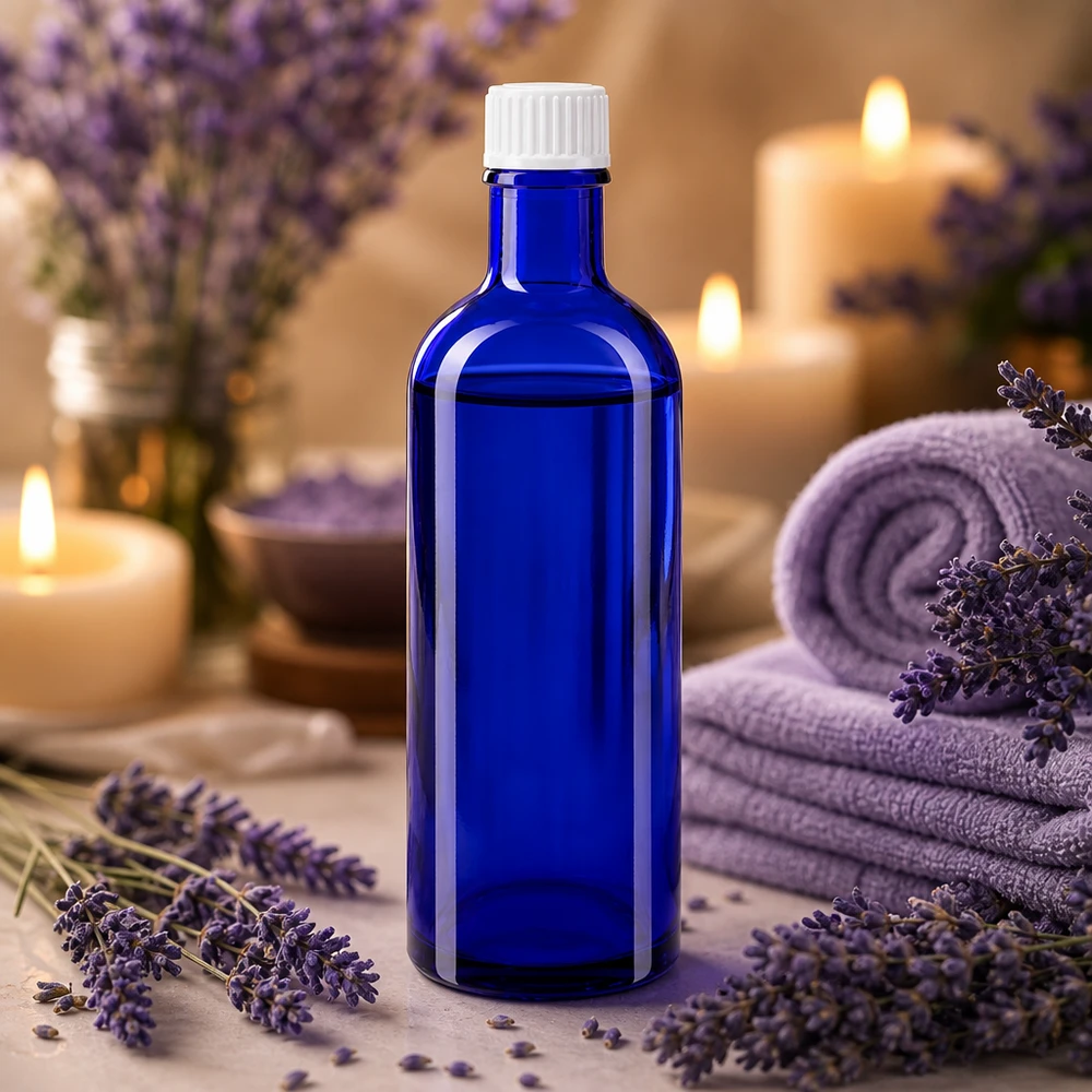 Flacone in vetro blu cobalto da 200 ml con tappo a vite bianco per oli essenziali