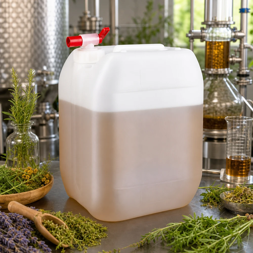 Tanica da 10 litri con rubinetto di scarico Tanica semitrasparente da 10 litri con rubinetto di scarico, tra erbe aromatiche fresche e un impianto di distillazione