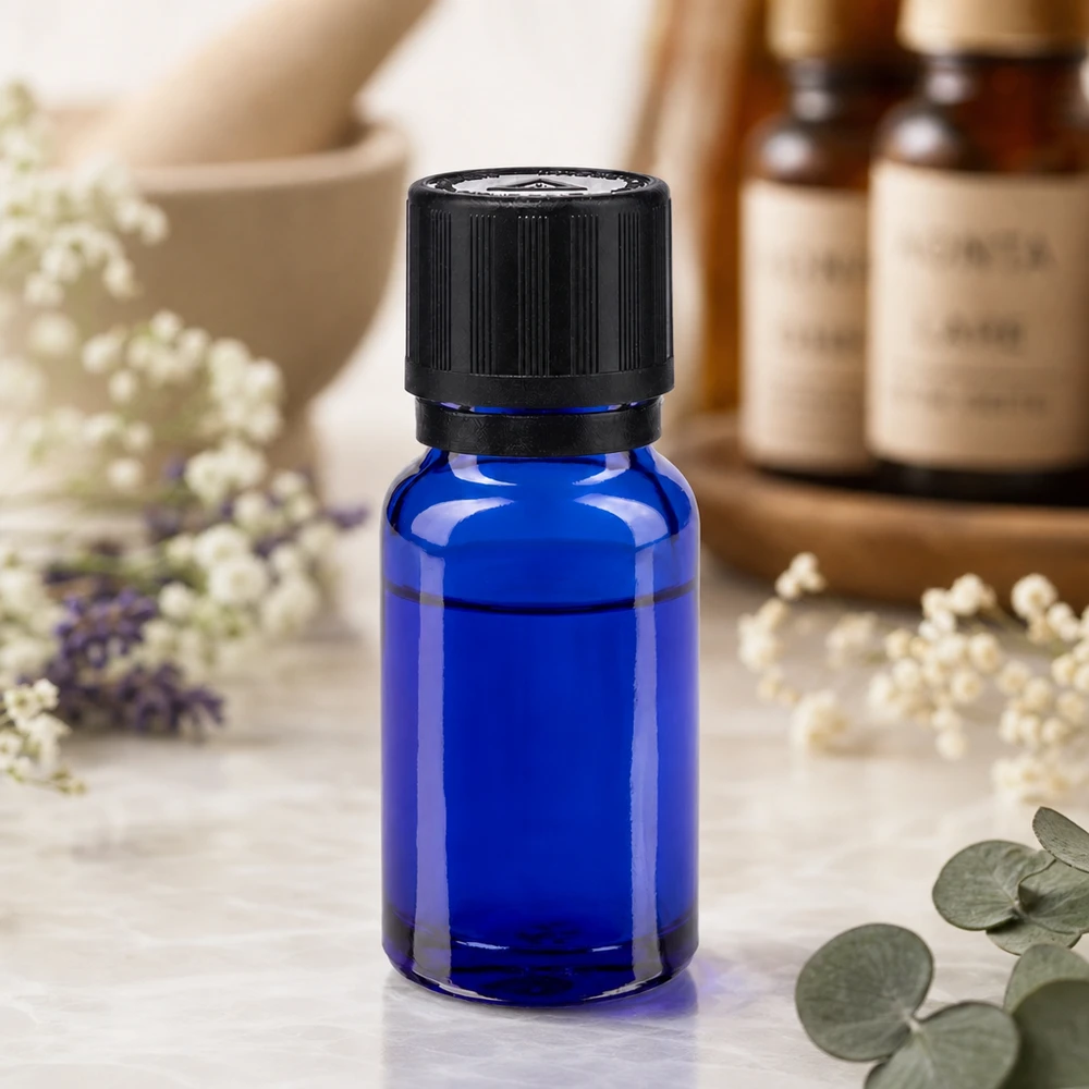 Flacone contagocce da 10 ml in vetro da farmacia blu cobalto con tappo a vite nero per oli essenziali