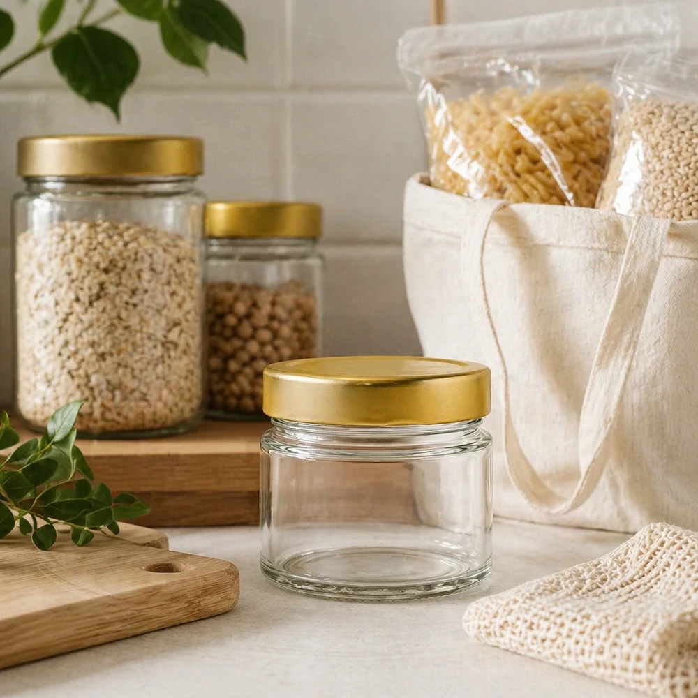 Barattolo rotondo da 80 ml con coperchio BasicSeal oro profondo UNiTWIST. Barattolo rotondo piccolo da 80 ml con coperchio BasicSeal oro profondo in ambiente di cucina sostenibile con utensili di conservazione
