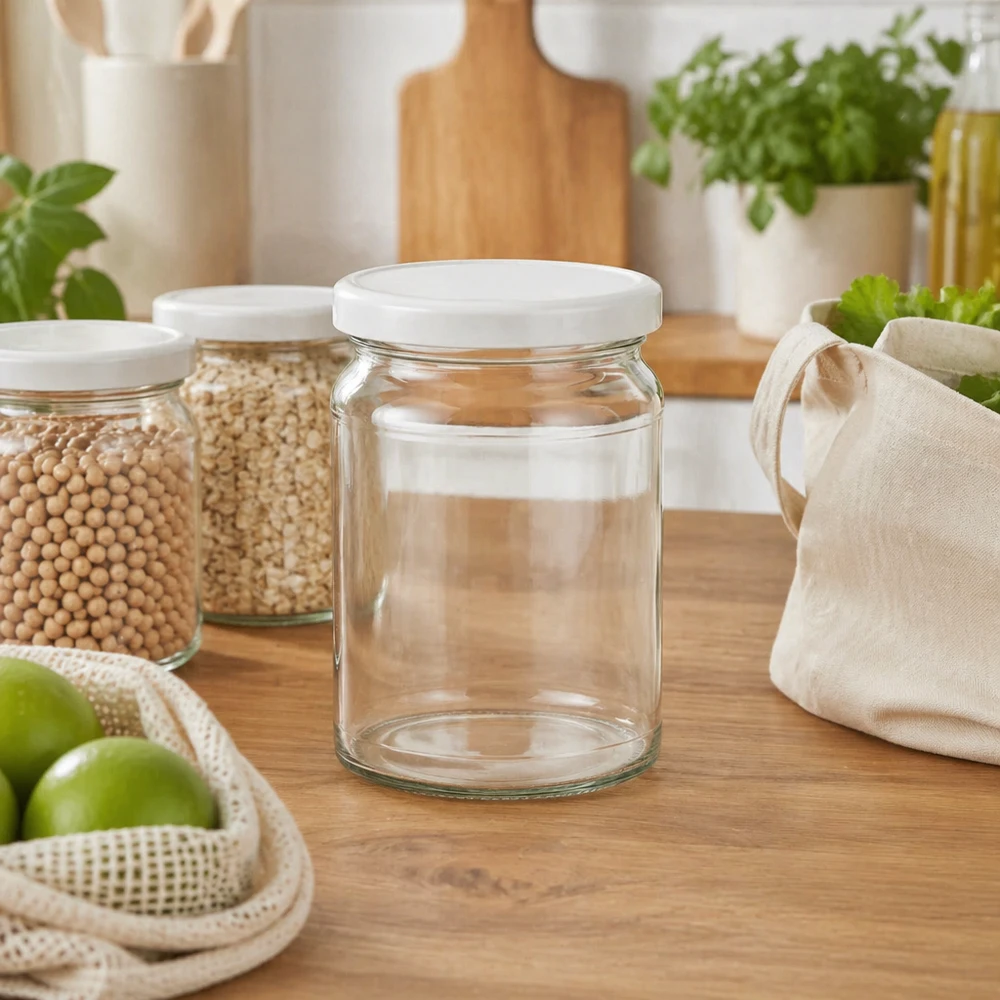 Barattolo rotondo da 205 ml con coperchio BasicSeal bianco UNiTWIST 205ml Rundglas UNiTWIST in nachhaltiger Zero-Waste Küche mit Getreide und Öko-Beuteln - umweltfreundliche Vorratshaltung