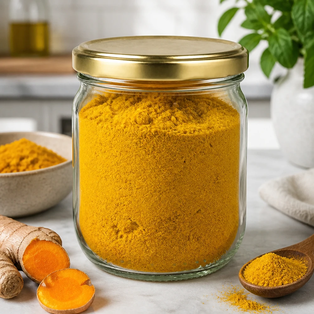Barattolo rotondo da 425 ml con coperchio dorato UNiTWIST pieno di curcuma in polvere - conservazione delle spezie in cucina