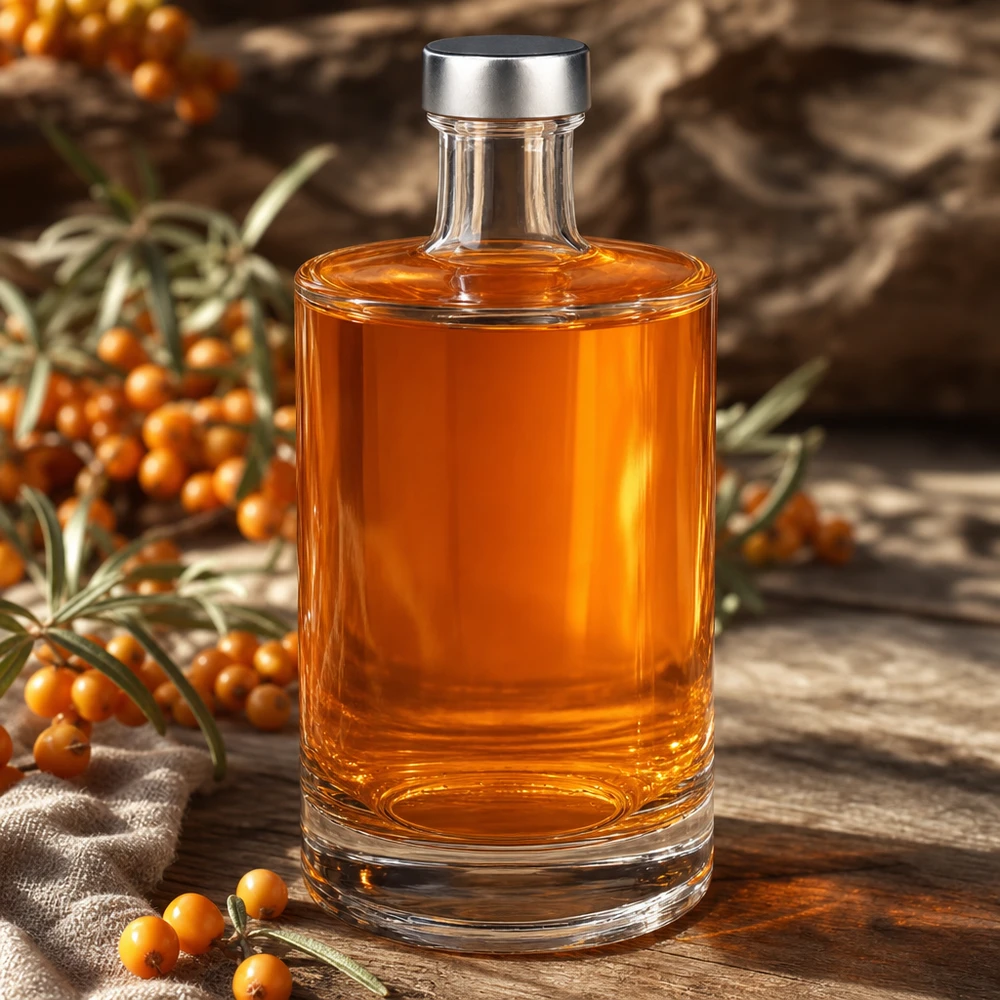 Bottiglia in vetro da 500 ml Sam e tappo a vite argento UNiTWIST® Bottiglia di vetro da 500 ml Sam riempita di liquore all'olivello spinoso accanto a bacche di olivello spinoso su tavola di legno decorazione autunnale