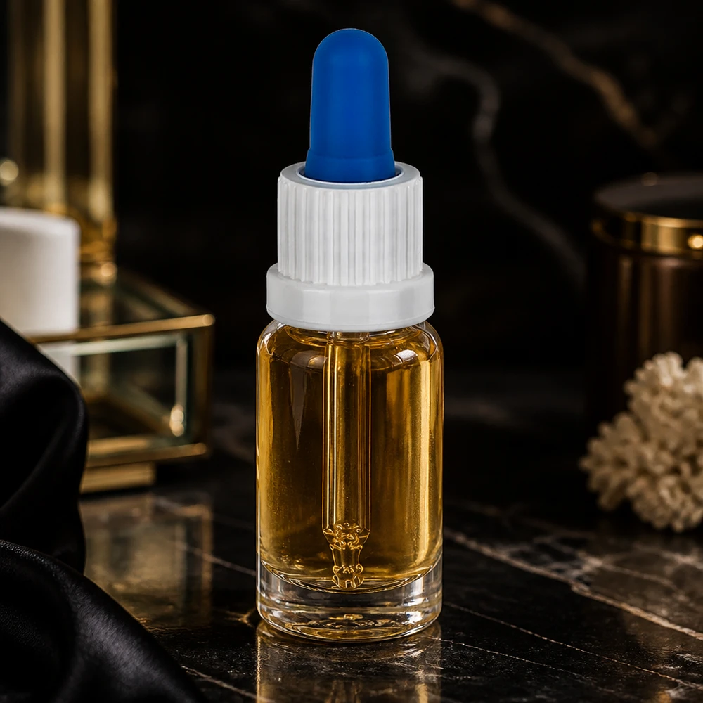 Flacone per pipette da 10 ml bianco/blu OV ClearL. UT18/10 Elegante flacone con pipetta in vetro trasparente da 10 ml con olio color ambra su fondo di marmo nero