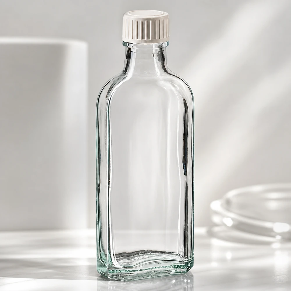 Flacone in vetro trasparente da 100 ml di forma appiattita con tappo a vite bianco in PE