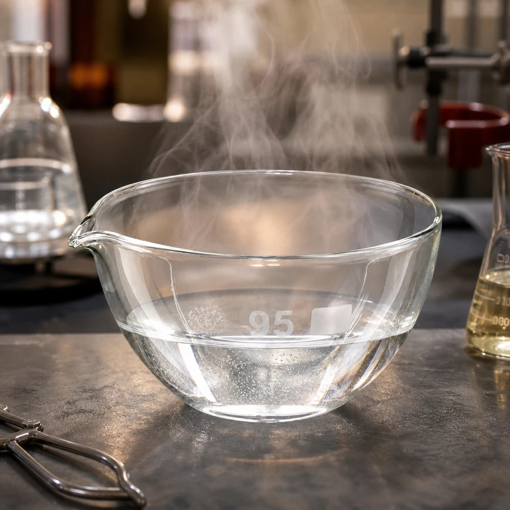Piatto di evaporazione da 170ml con beccuccio in borosilicato ø95mm Piatto in vetro di alta qualità da 170 ml con beccuccio per applicazioni di laboratorio professionali