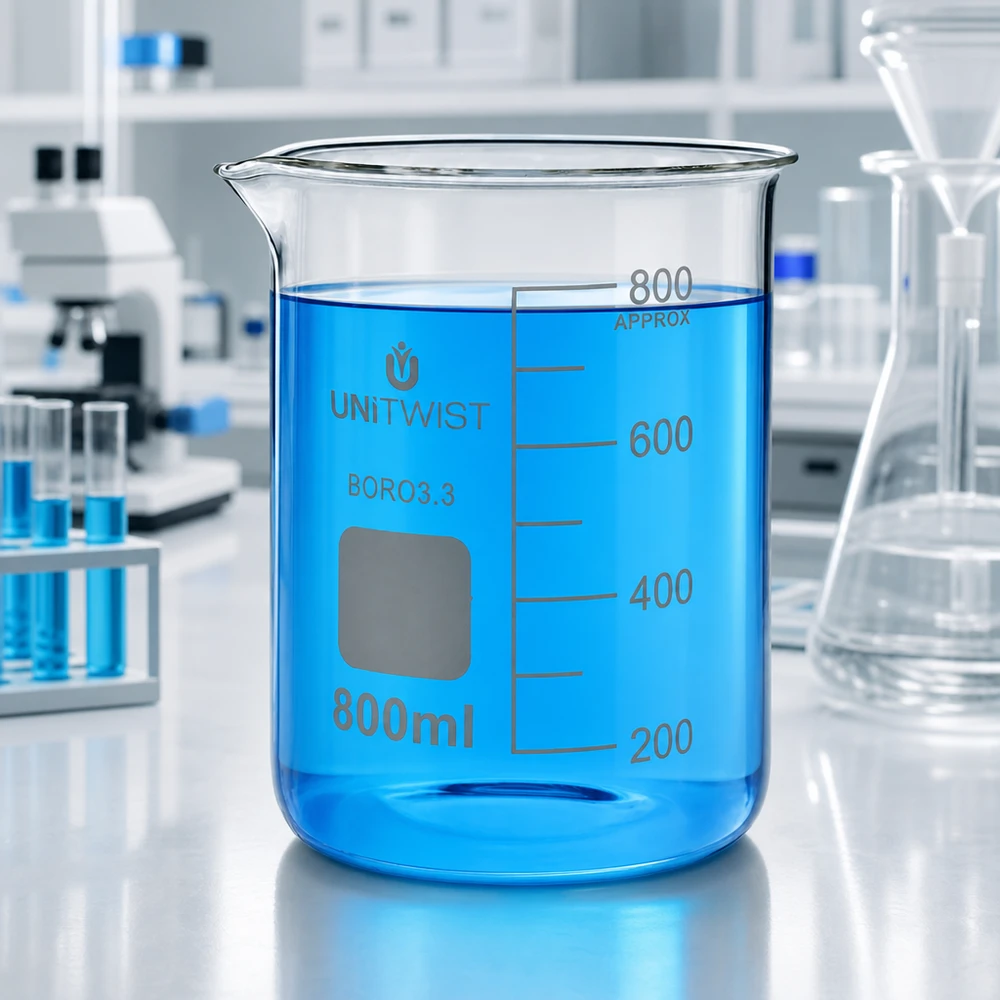 Bicchiere 800ml borosilicato, stampo basso UNiTWIST Bicchiere da laboratorio UNiTWIST da 800 ml in borosilicato, forma bassa, con liquido blu al suo interno