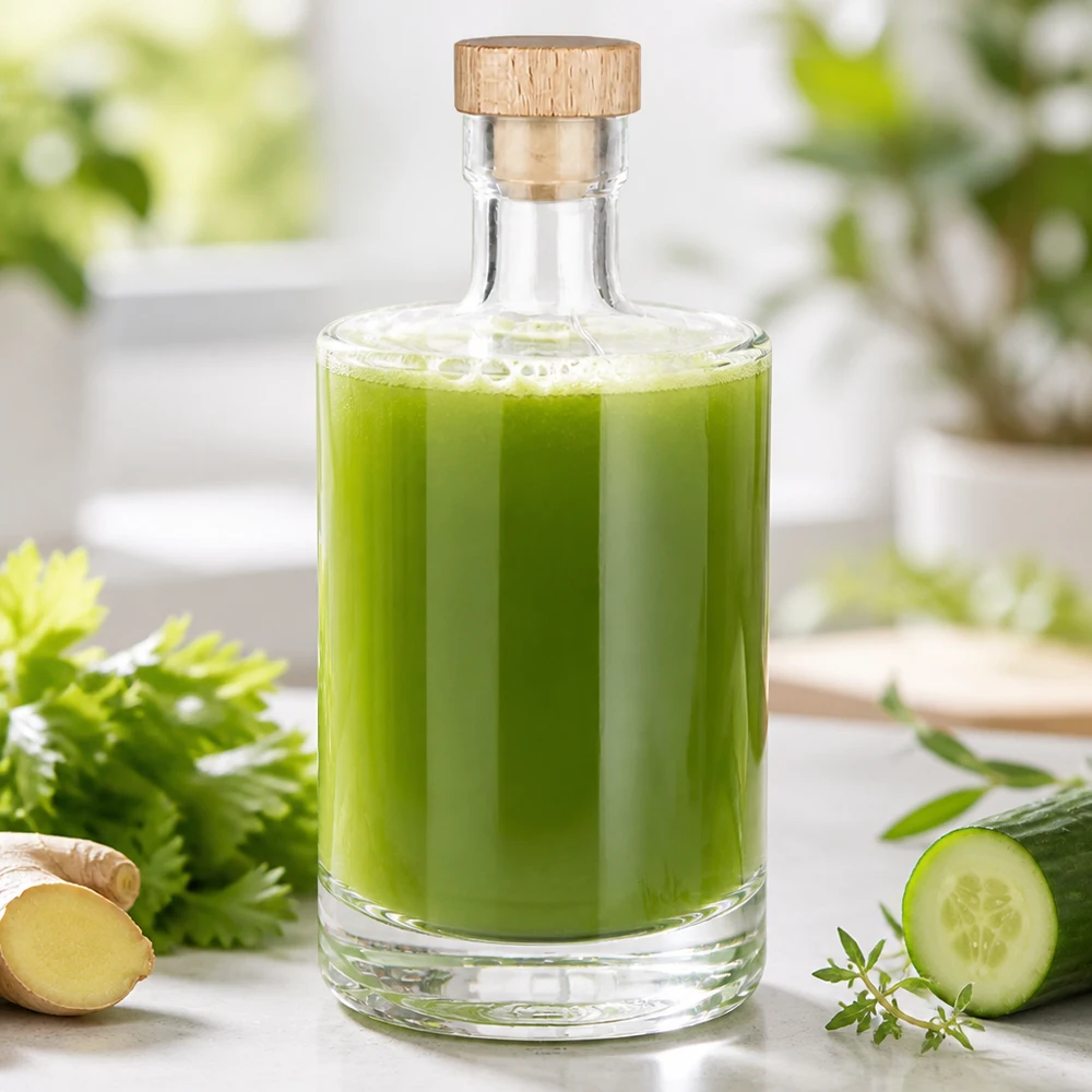 Bottiglia in vetro da 500 ml Marie riempita di succo di verdure verdi - tappo in legno - foto lifestyle con cetriolo e zenzero