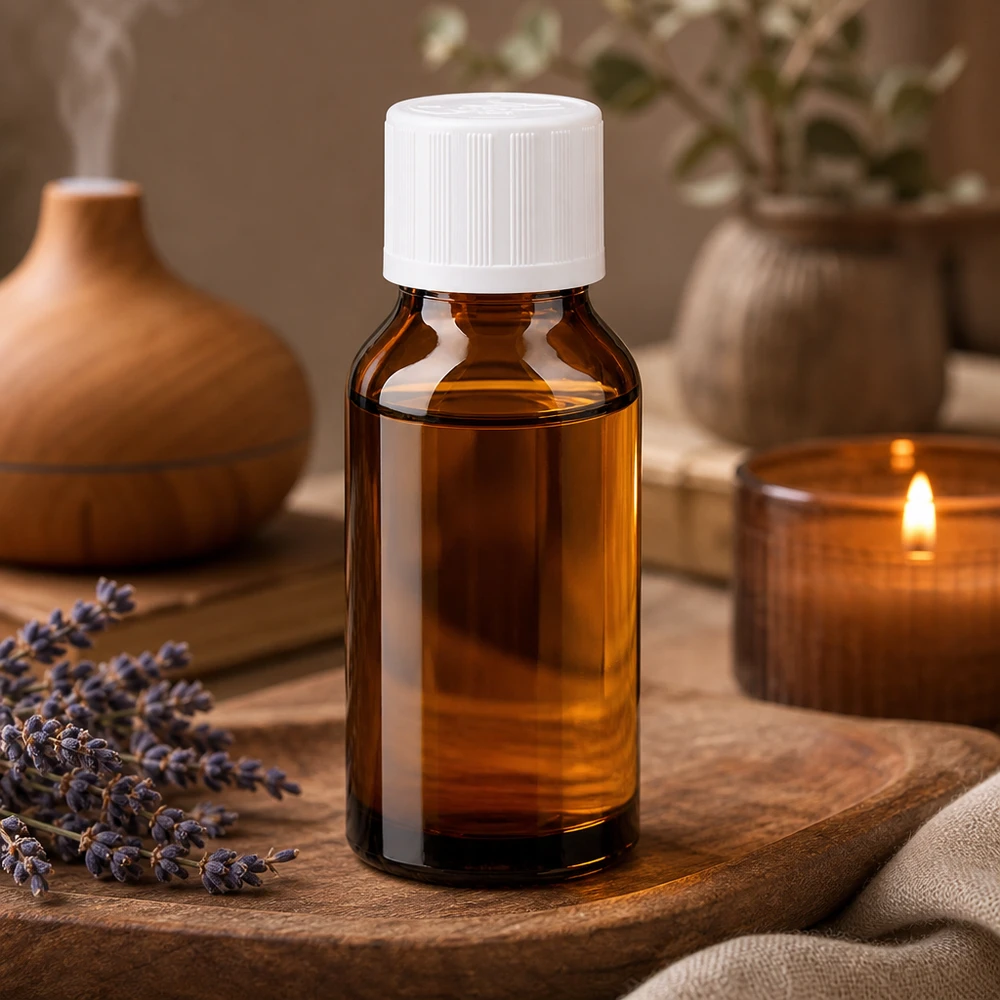 Fialetta in vetro ambrato per aromaterapia da 15 ml con tappo di sicurezza bianco a prova di bambino, accanto a una candela e alla lavanda