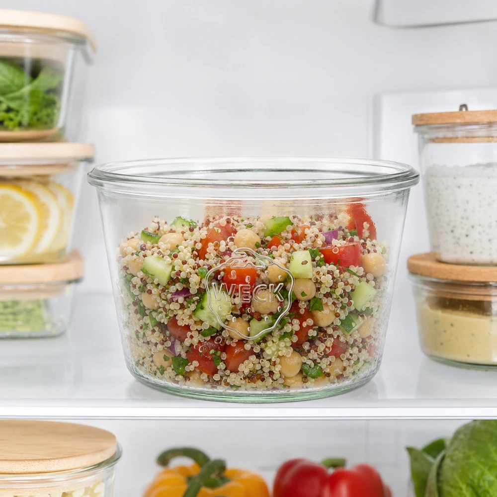 Vaso WECK RR100 da 370 ml riempito di insalata di quinoa in frigorifero per la preparazione e la conservazione dei pasti