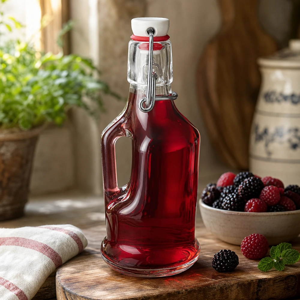 Bottiglia da 200 ml in vetro Bertha con ripieno di bacche rosse scena lifestyle cucina ambiente porcellana swing top UNiTW
