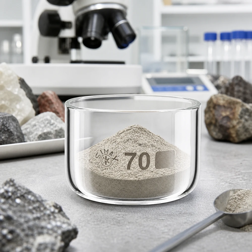 Piatto di cristallizzazione da 100 ml senza beccuccio Bo. ø70mm Vaschetta di cristallizzazione Simax da 70 mm con polvere minerale grigia su un tavolo da laboratorio, accanto a campioni di roccia e a un microscopio