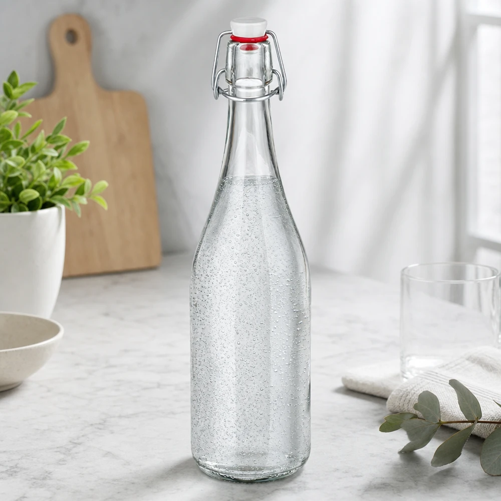 Bottiglia in vetro da 750 ml + tappo a battente in PVC UNiTWIST Bottiglia in vetro da 750 ml con tappo girevole riempita di acqua frizzante Scenario cucina piano di lavoro in marmo moderno