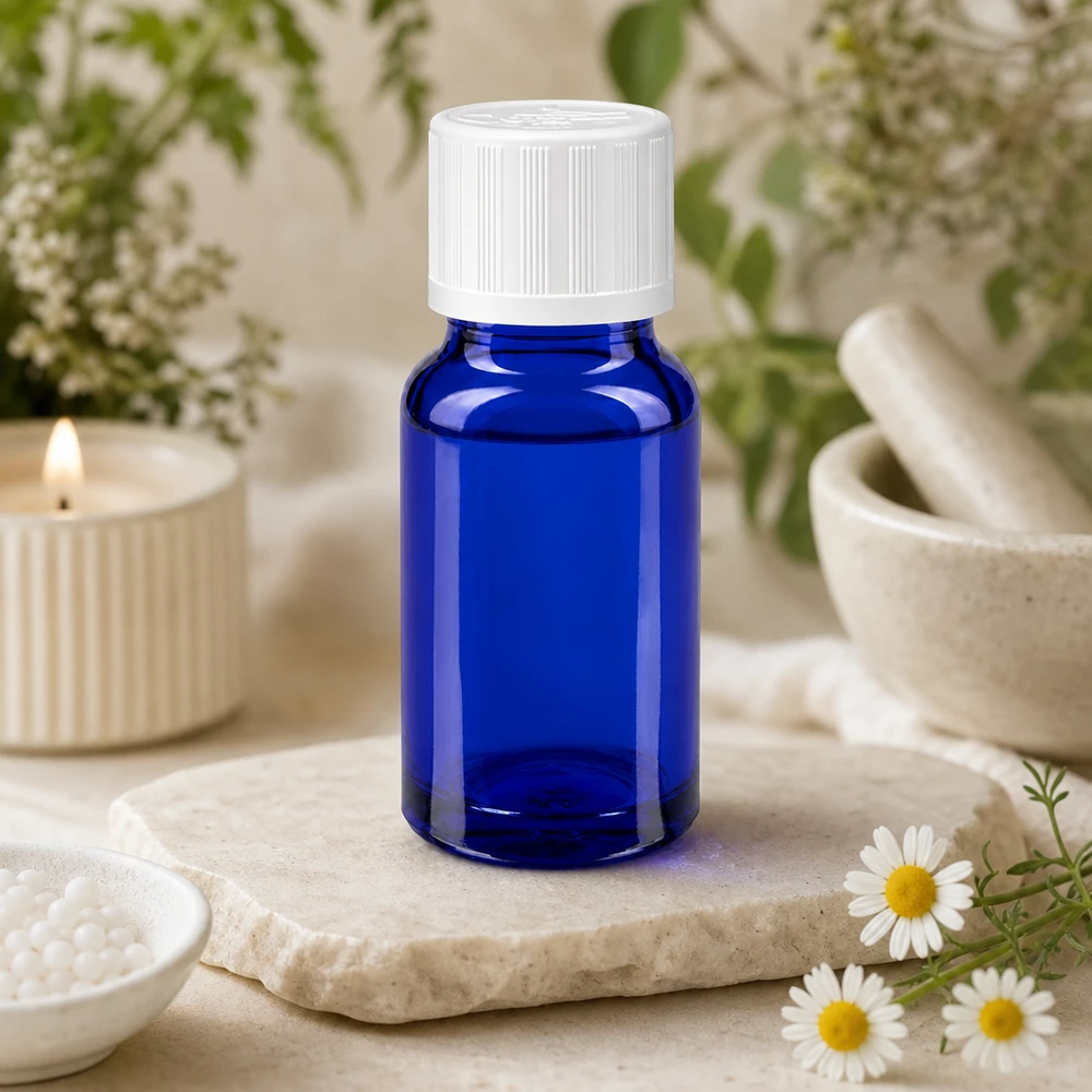 Bottiglia da farmacia blu da 10 ml. SV STD KiSi bianco/11mm ApoGlas Flacone da farmacia blu da 10 ml con tappo bianco KiSi su una lastra di pietra accanto a fiori di camomilla