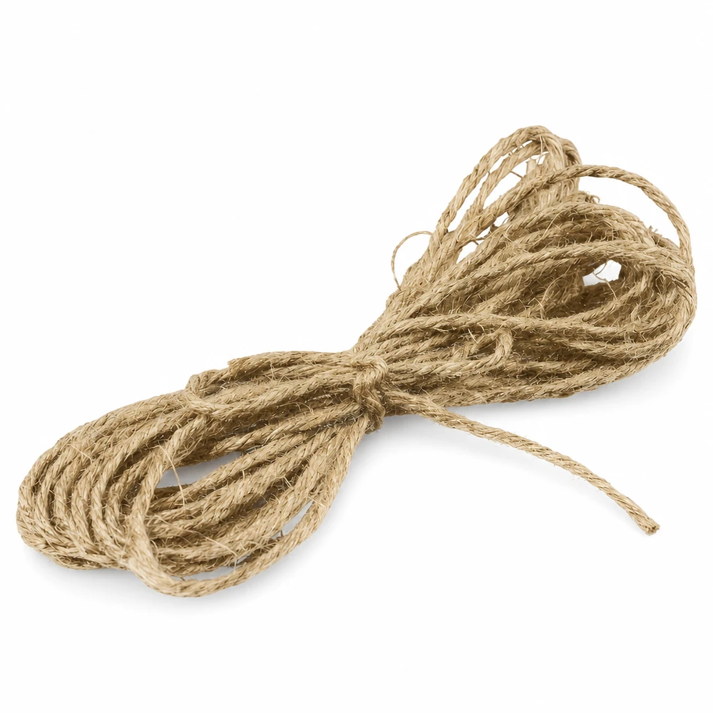 Cordoncino naturale per decorazioni, lunghezza 300 cm Cordoncino di iuta naturale lungo 300 cm per decorazioni, arrotolato e annodato su sfondo bianco.