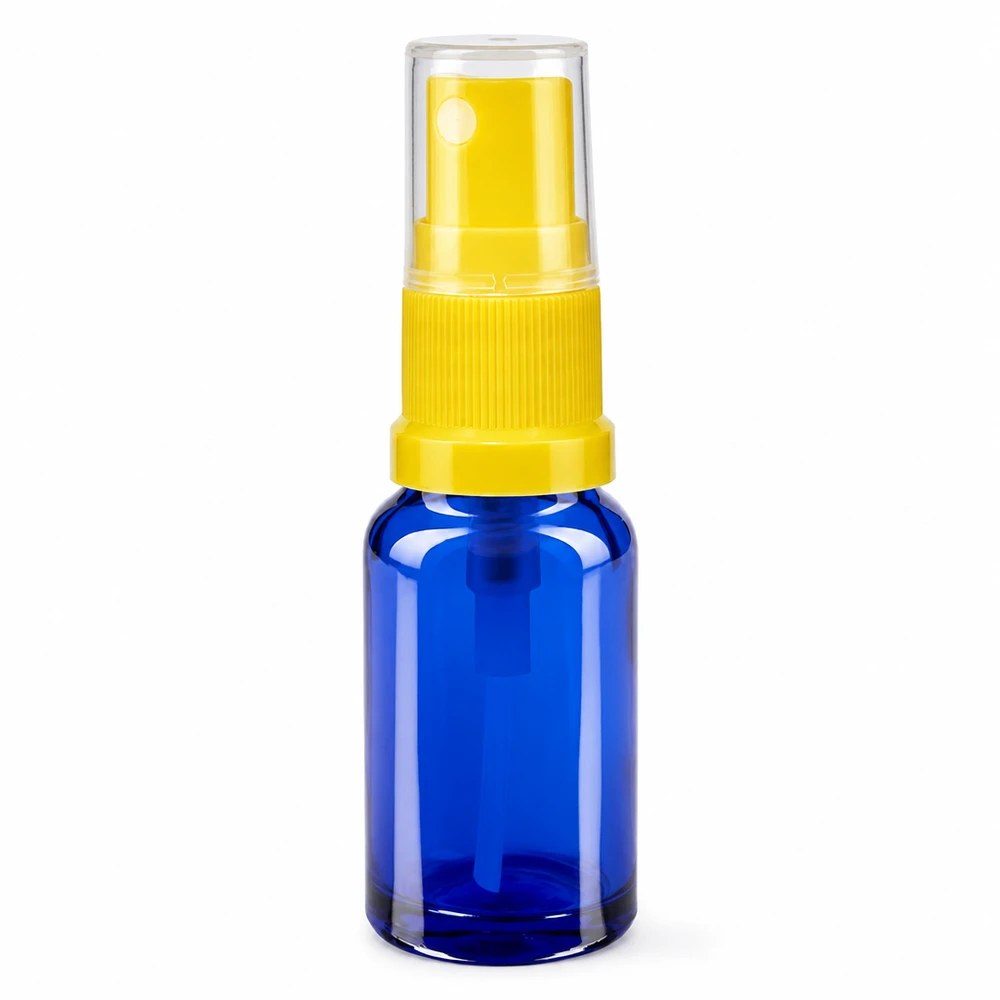 Flacone spray blu da 10ml STD giallo/trasparente apoGlas Flacone spray in vetro blu da 10 ml con erogatore a pompa giallo e tappo protettivo trasparente ApoGlas STD