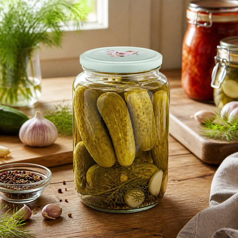 795ml vaso rotondo + coperchio BasicSeal cuore menta UNiTWIST Barattolo rotondo da 795 ml pieno di cetriolini mostra il coperchio a forma di cuore di menta per conservare le verdure in una cucina rustica
