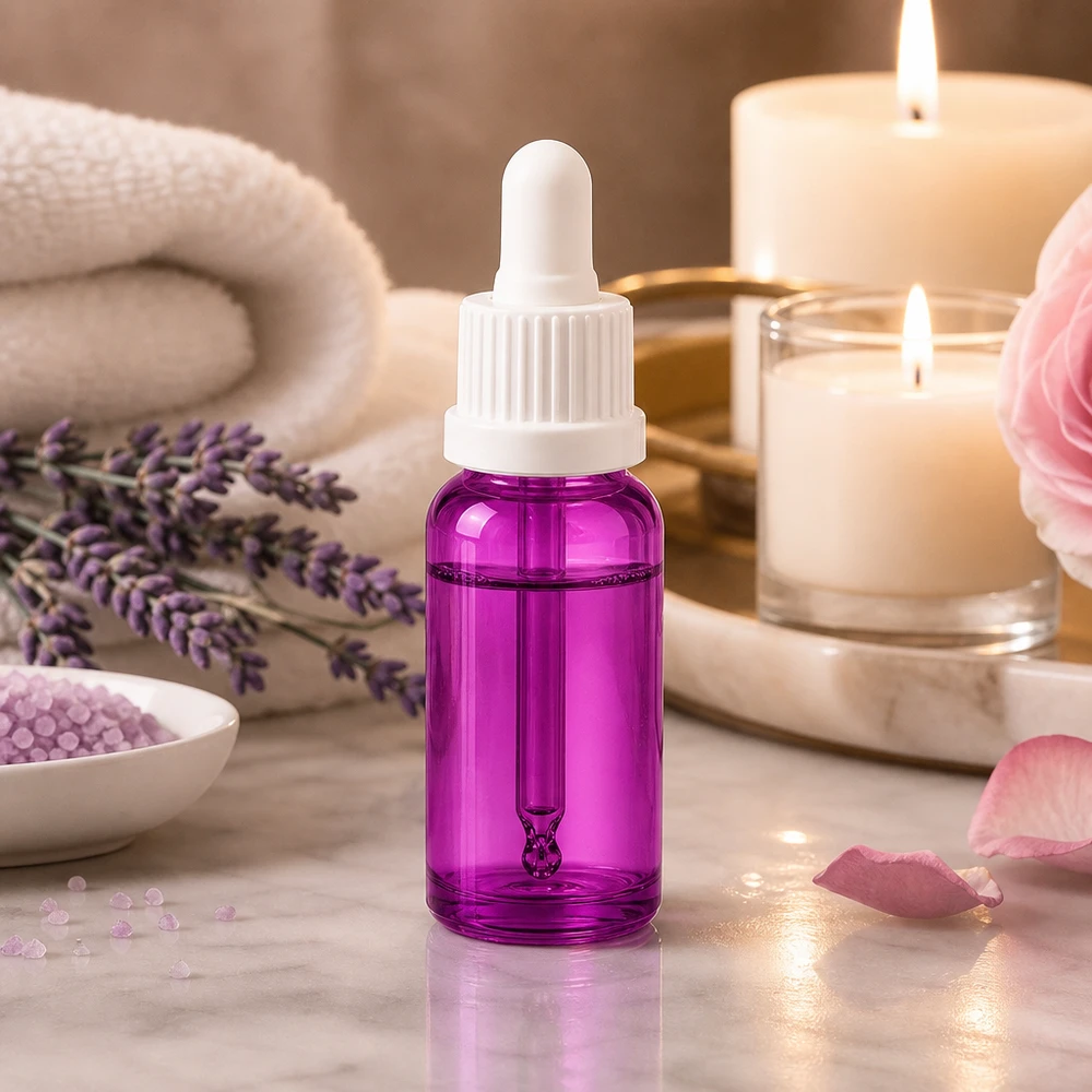 Flacone per pipette da 20 ml bianco Originality con tappo a vite PurpleLine UT18/20 Elegante flacone contagocce viola da 20 ml ideale per cosmetici e miscele fai da te