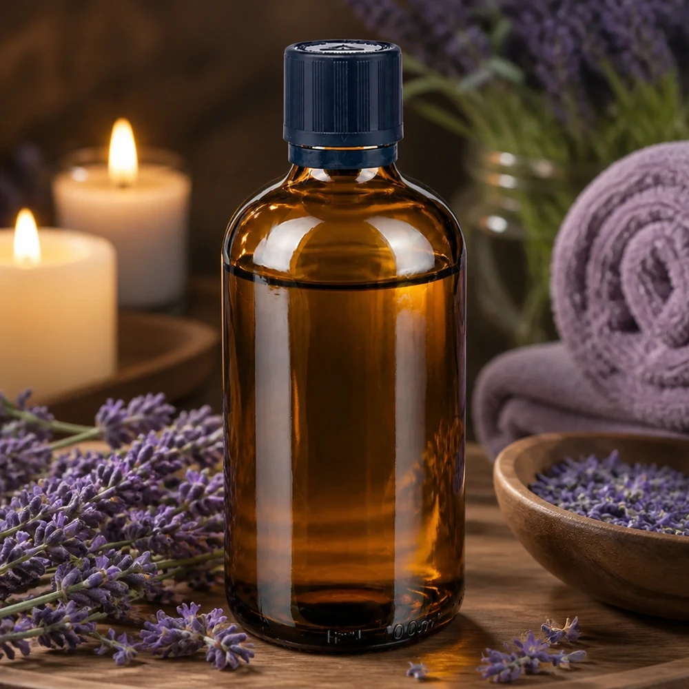 Flacone da farmacia in vetro ambrato da 100 ml con tappo a vite blu, tra fiori di lavanda e candele