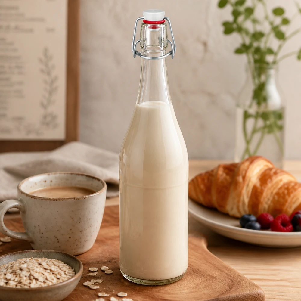 Bottiglia di vetro da 750 ml con tappo oscillante riempita di latte Scena di cucina colazione croissant fiocchi d'avena naturale