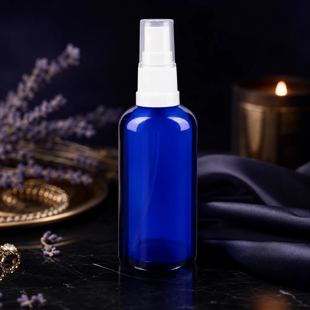 Flacone spray blu da 50ml STD bianco/trasparente apoGlas Flacone spray da farmacia da 50 ml, colore blu cobalto, con erogatore a pompa bianco e decorazione a tema lavanda