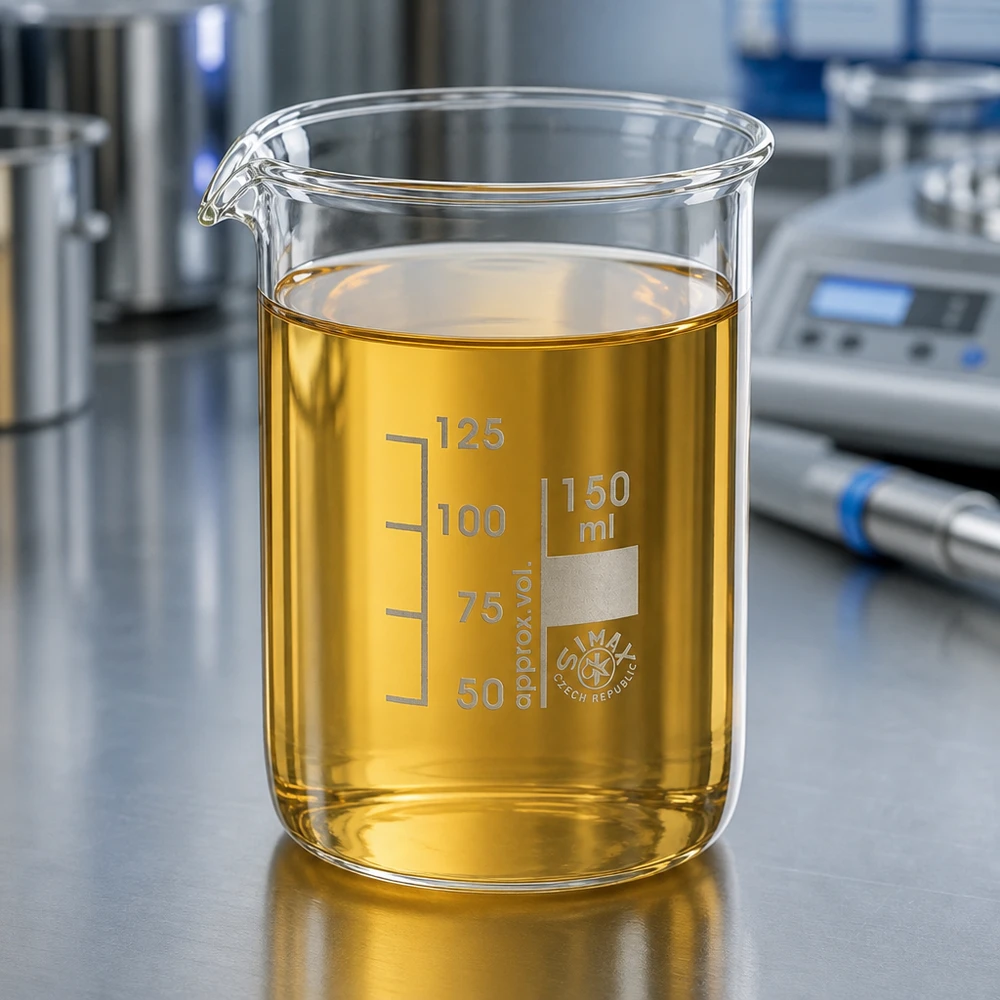 Becher 150ml in vetro borosilicato, forma bassa Bicchiere per chimica da 150 ml di forma bassa con soluzione ambrata sulla postazione di laboratorio