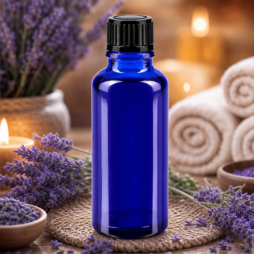 Bottiglia da farmacia blu da 30ml. SV STD nero/11mm ApoGlas Flacone di vetro blu da 30 ml con tappo nero, circondato da fiori di lavanda e candele