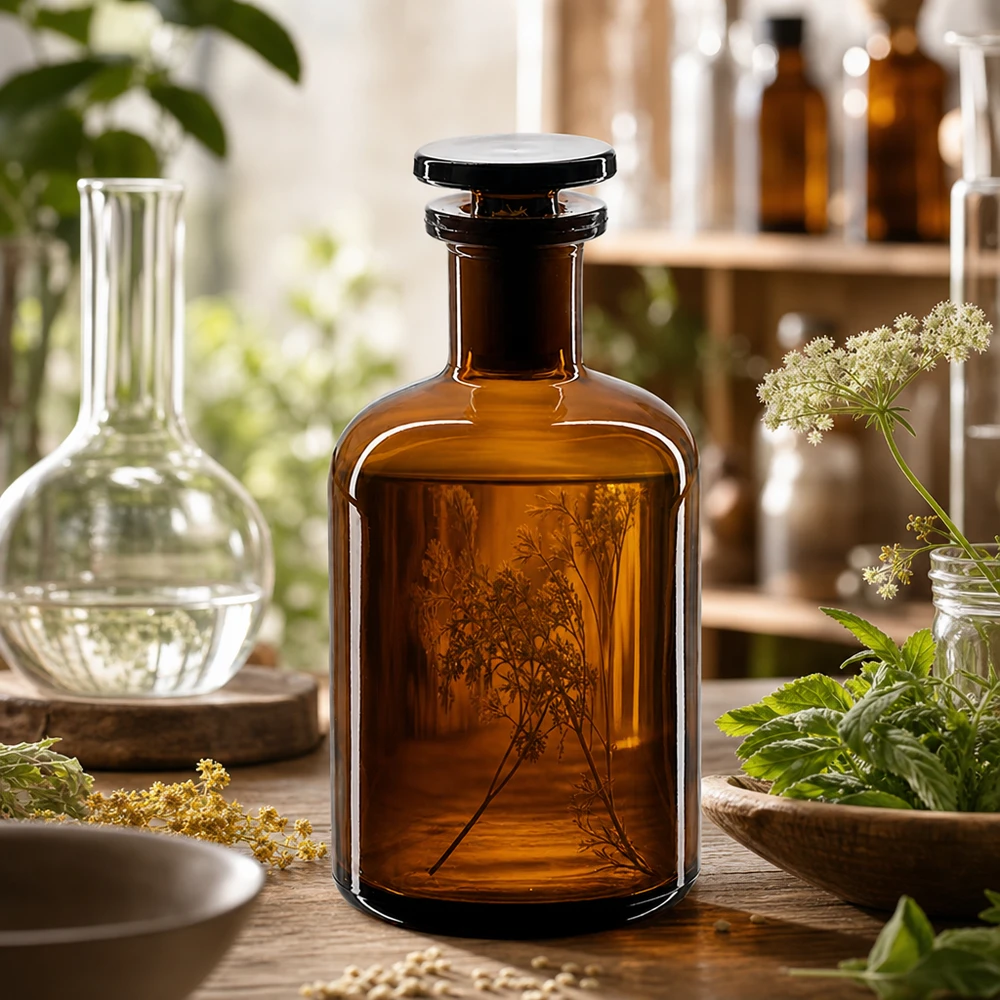 Bottiglia a spalla tonda 100ml marrone collo stretto tappo in vetro Fiaschetta da laboratorio a collo stretto da 100 ml, marrone, con tappo di vetro, su un tavolino di legno con erbe medicinali