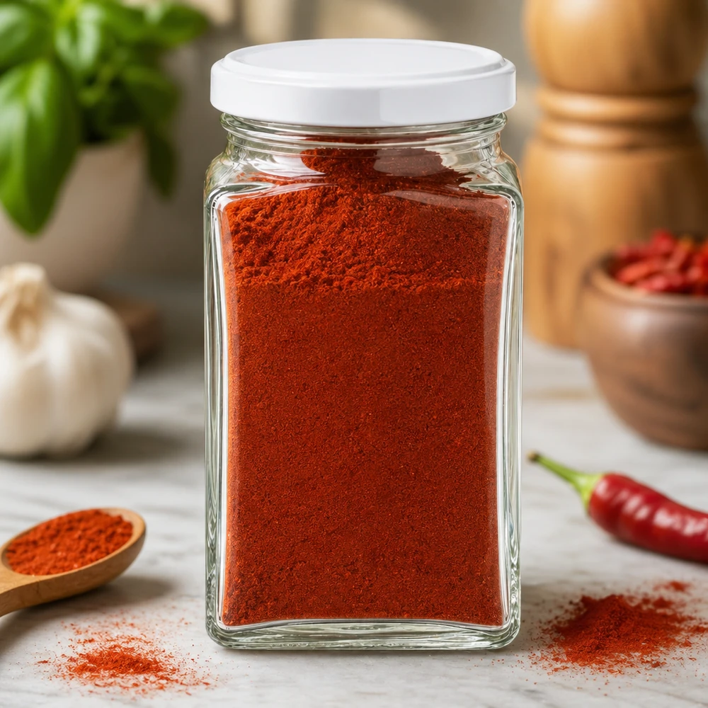 Barattolo tetra da 260 ml con coperchio BasicSeal bianco UNiTWIST. Barattolo quadrato da 260 ml riempito di paprika in polvere mostra l'uso pratico come barattolo per spezie con coperchio bianco