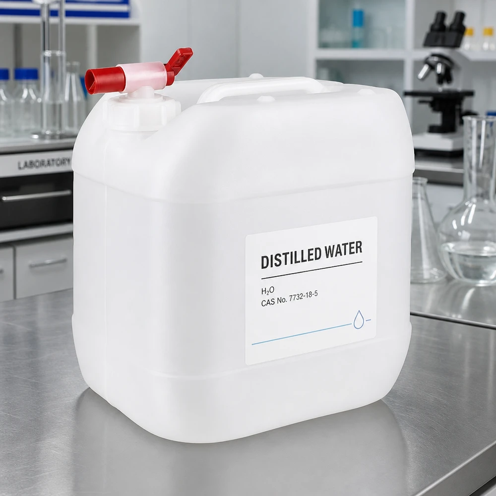 Tanica da 15 litri con rubinetto di scarico Tanica da laboratorio da 15 litri contenente acqua distillata, dotata di un pratico rubinetto di scarico rosso