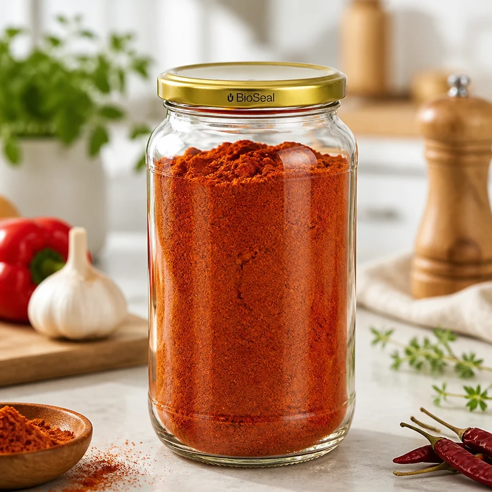 UNiTWIST Runda1062 con coperchio dorato. Coperchio TO82 BioSeal UNiTWIST Runda1062 Barattolo per spezie con paprika in polvere TO82 Coperchio BioSeal Ambiente cucina