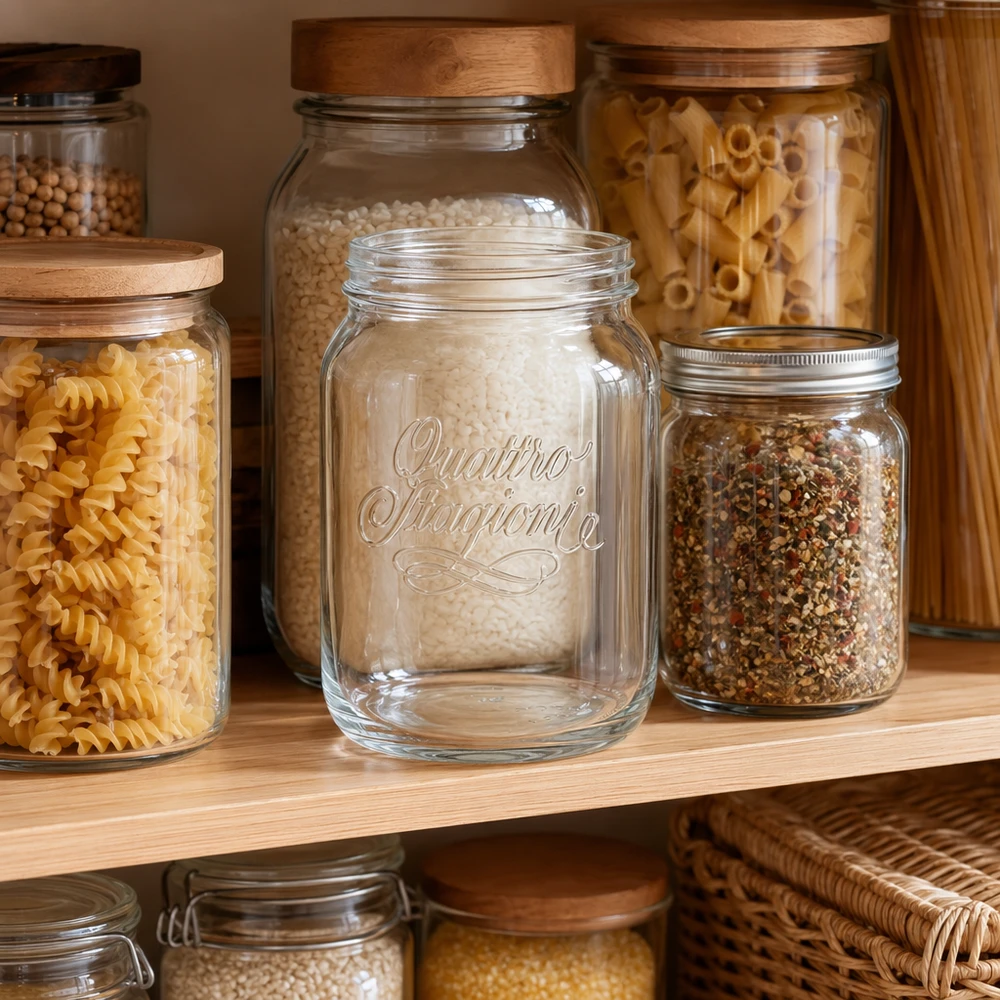 Barattolo per uso domestico da 2000 ml Quattro Stagioni con coperchio a vite per la conservazione della pasta e delle spezie in cucina.