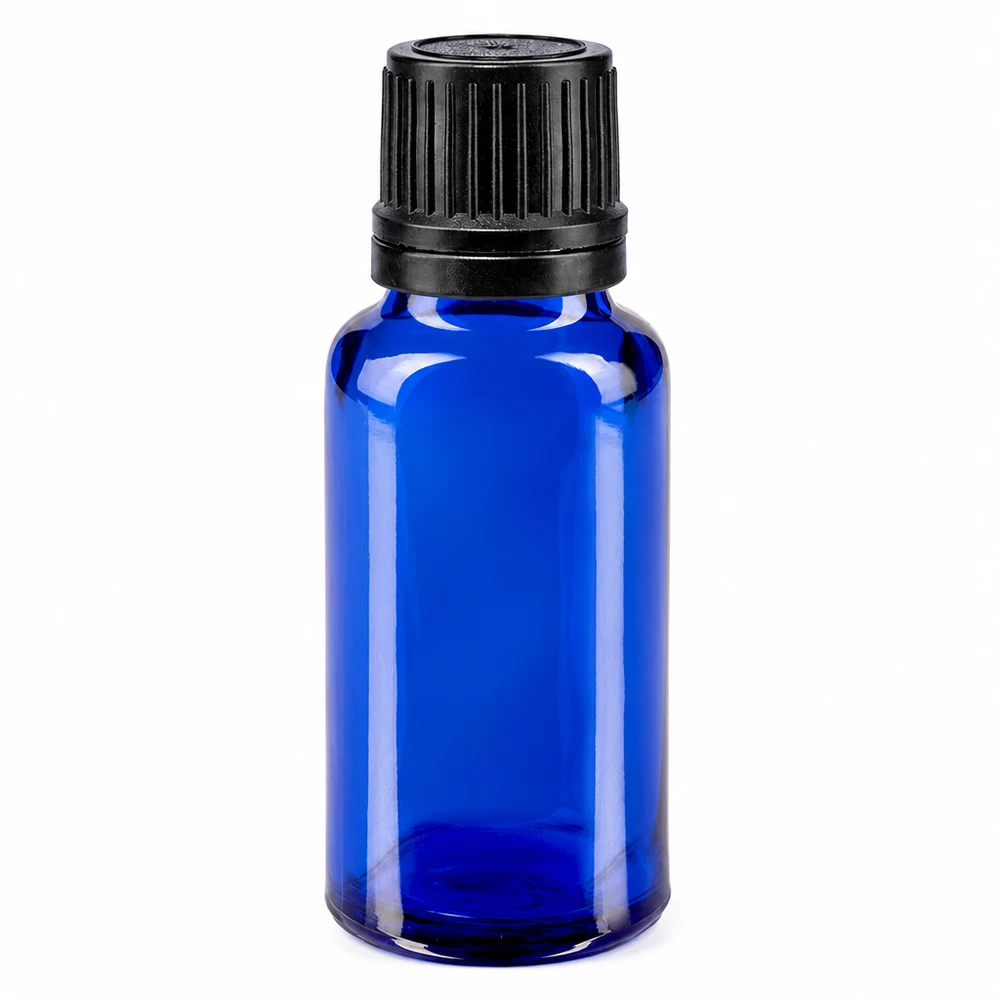Flacone contagocce blu 20ml OV nero/1mm ApoGlas Flacone in vetro blu da 20 ml con tappo di sicurezza nero e beccuccio contagocce da 1 mm in vetro da farmacia