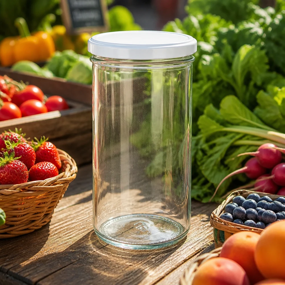 Bicchieri da 277 ml con coperchio BasicSeal bianco UN.. Vaso da 277 ml con coperchio bianco su un tavolo di legno circondato da frutta e verdura fresca - ideale per la conservazione