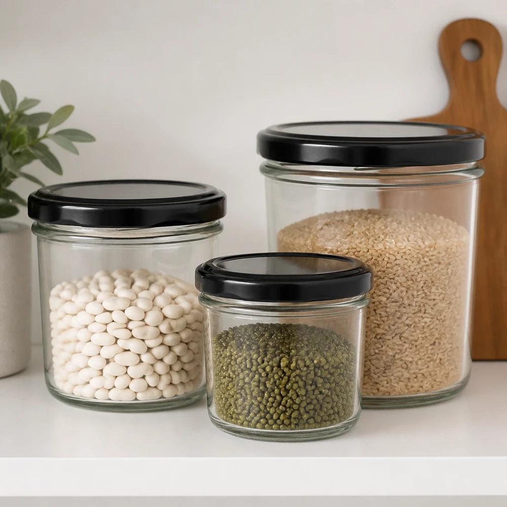 Bicchieri da 230 ml con coperchio BasicSeal nero UNiTWIST. 230ml Sturzglas Größenvergleich mit verschiedenen Hülsenfrüchten und Reis zeigt ideale Portionierung für Vorratshaltung