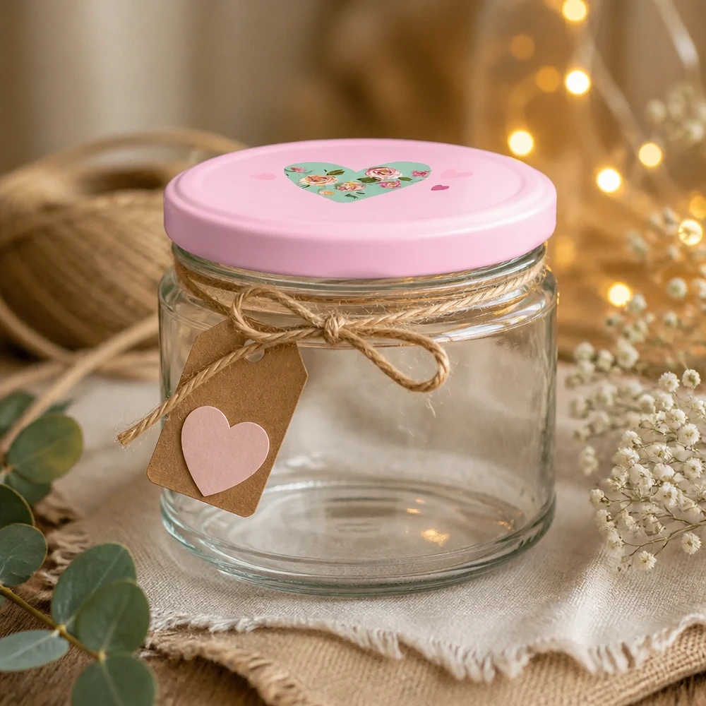 Vasetto rotondo da 330 ml con coperchio rosa a forma di cuore e targhetta regalo, decorato con luci fiabesche e fiori secchi