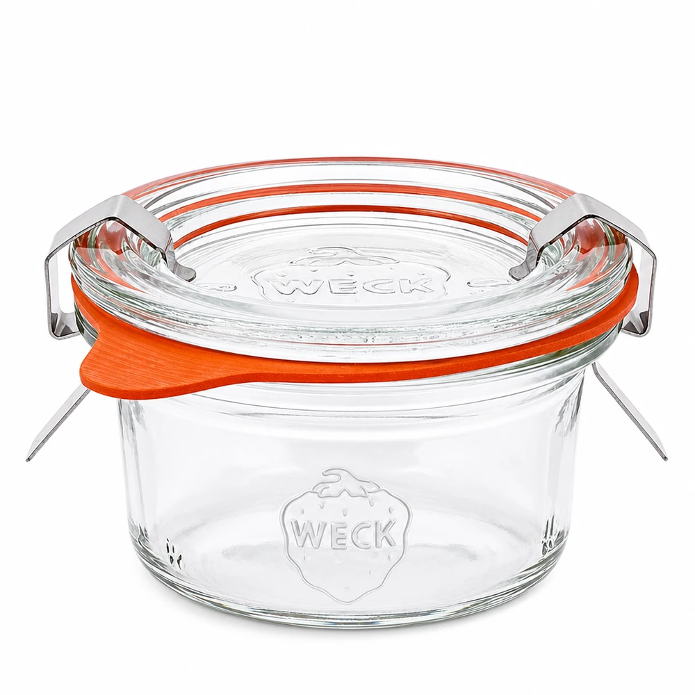 Set completo di bicchieri WECK da 50 ml RR60 con coperchio in vetro e anello in gomma arancione per conservare e inscatolare