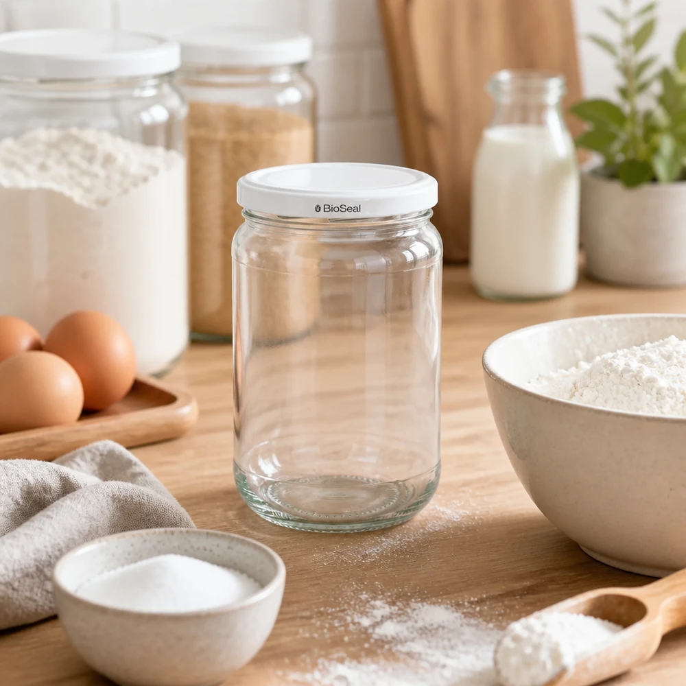 UNiTWIST Runda305 con coperchio bianco TO63 BioSeal Barattolo per conserve UNiTWIST Runda305 con coperchio BioSeal bianco tra gli ingredienti da forno - ideale per farina e forniture da cucina