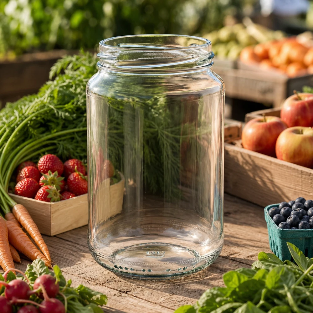 UNiTWIST Runda375 - Barattolo rotondo capacità 375ml TO63 UNiTWIST Runda375 bicchiere rotondo 375ml TO63 su un tavolo di legno circondato da verdure fresche, frutta ed erbe in giardino
