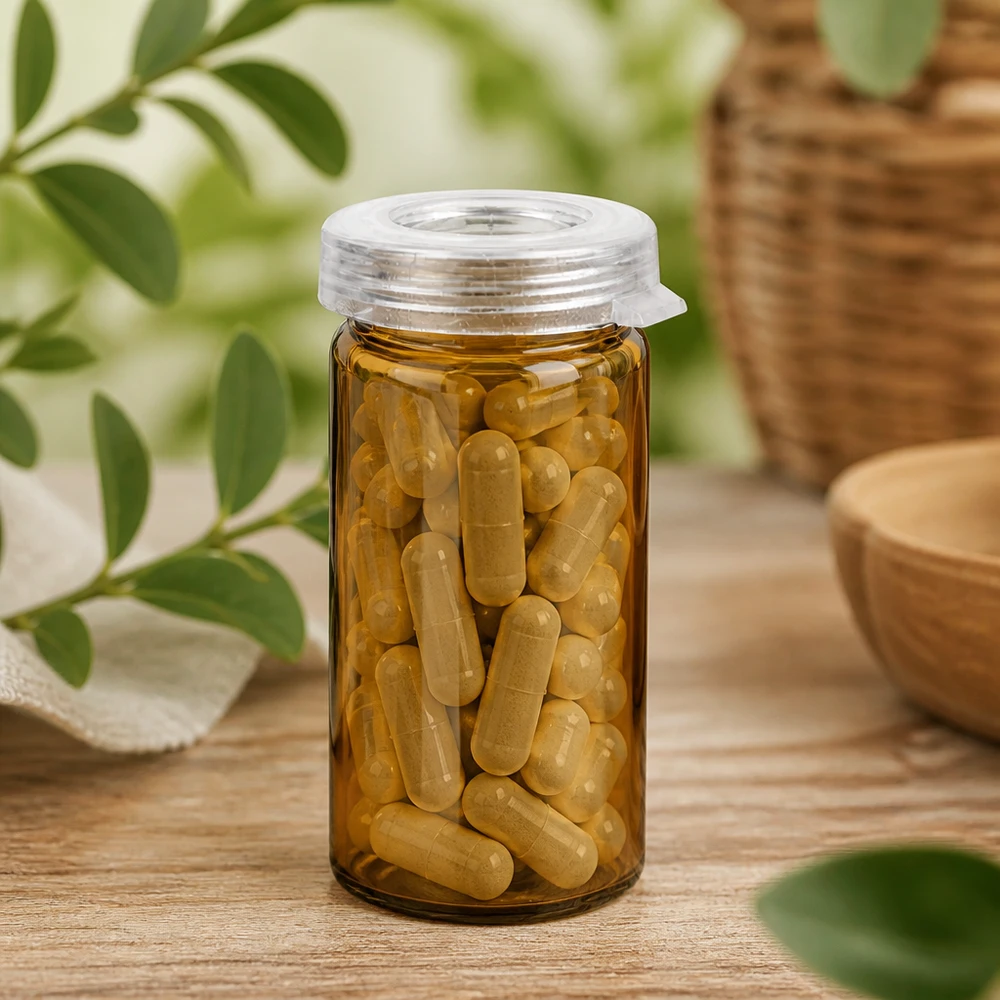 Barattolo da tavolo con bordo a rotolo da 5 ml trasparente con coperchio a scatto Viallo da 5 ml color ambra con capsule giallo oro su superficie in legno con decorazioni naturali