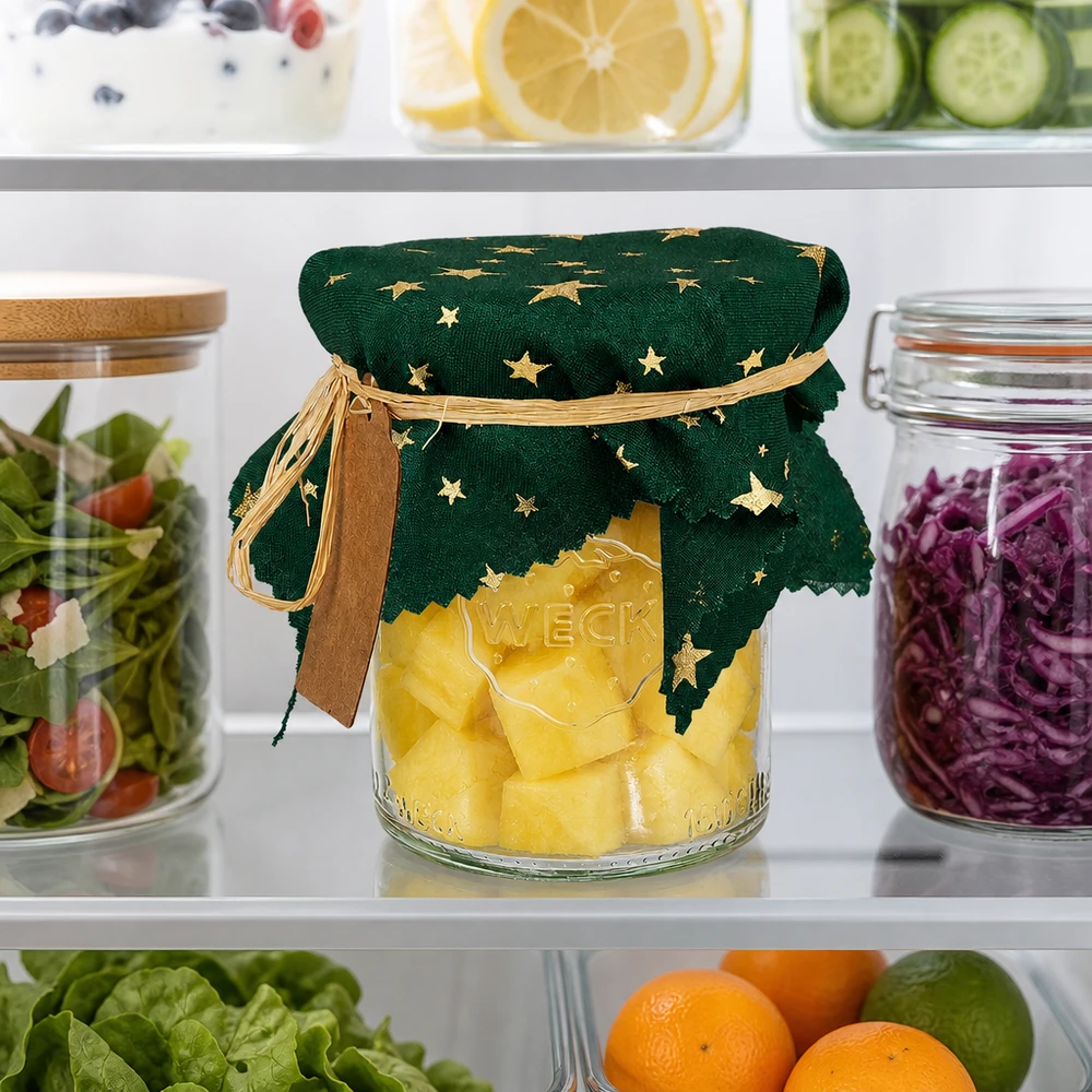 Grünes Sterne-Stoffdeckchen 15cm im Kühlschrank auf Weck-Glas, Schmuckdeckchen für Vorratsgläser mit Bastband