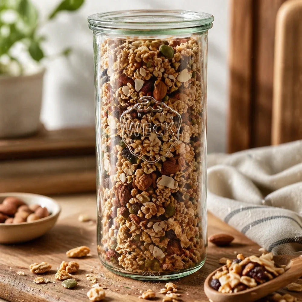 WECK RR100 Barattolo da 1500 ml pieno di noci, muesli e frutta secca su un tavolo di legno Barattolo da cucina