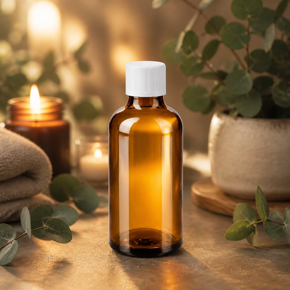 Flacone da farmacia marrone da 50 ml con tappo contagocce bianco, davanti a candele e piante di eucalipto