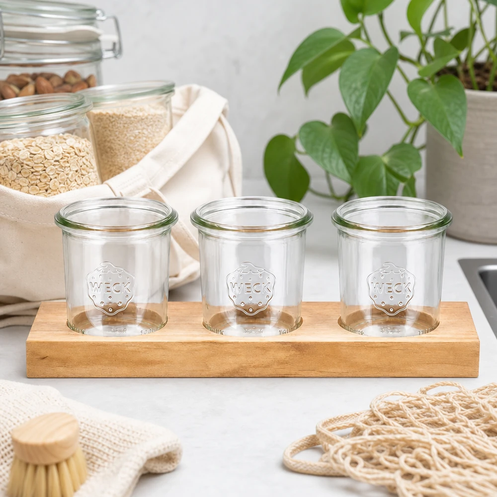 Bicchieri vuoti WECK da 140 ml su tagliere in legno Plano3 in cucina sostenibile a rifiuti zero con fibre naturali