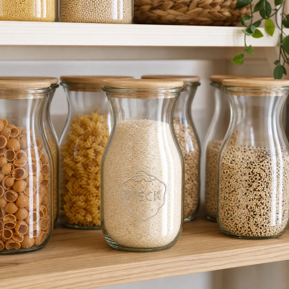 Bottiglia di succo WECK da 290 ml con coperchio in legno WECK Saftflasche 290ml mit Holzdeckel als Vorratsjar für Reis in skandinavischer Pantry mit Getreidegläsern