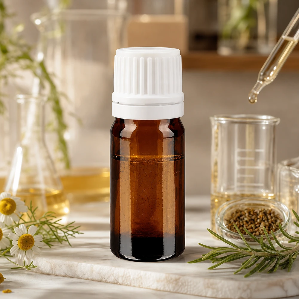 Bottiglia da farmacia marrone da 5ml. SV OV bianco/11mm ApoGlas Flacone di vetro marrone da 5 ml con tappo di sicurezza bianco, tra fiori di camomilla e rosmarino