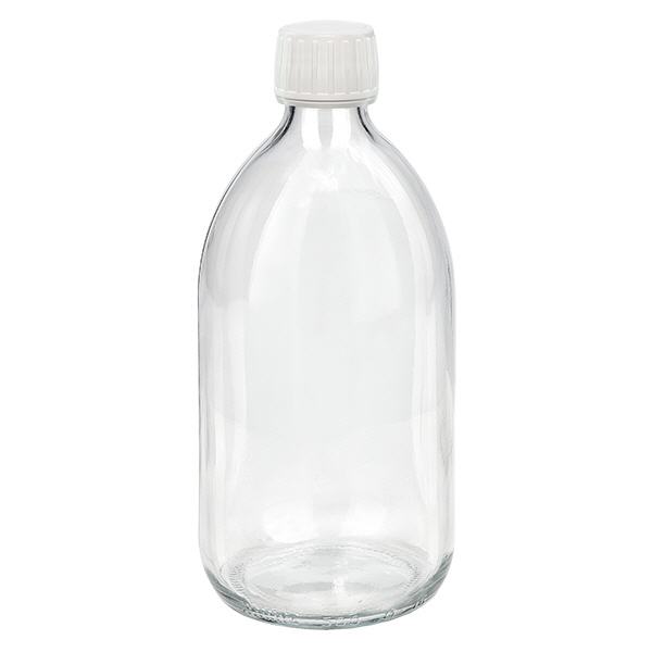 Flacone per medicinali da 500 ml trasparente, tappo bianco con chiusura antimanomissione Flacone per medicinali da 500 ml trasparente, tappo bianco con chiusura antimanomissione