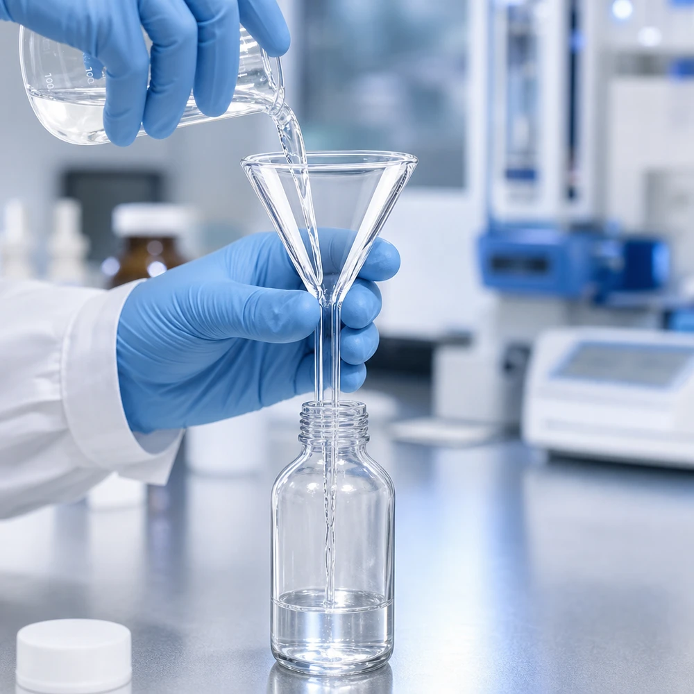 Imbuto Ø 35mm borosilicato angolo 60 stile corto Imbuto da laboratorio corto in vetro borosilicato 35 mm per travasare con precisione in bottiglie da laboratorio